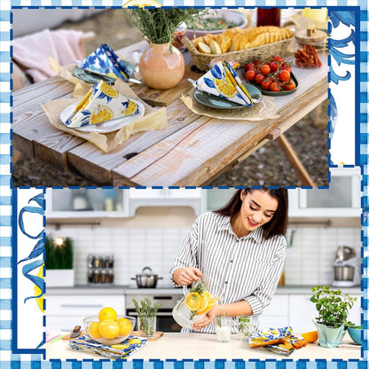 12 Pcs Capri Lemon Cloth Napkins Mediterranean Yellow Blue Floral Cloth Napkin Italian Style Dinner Towel Amalfi Coast Party Decorations for Home Dinner Party Kitchen Wedding Cocktail