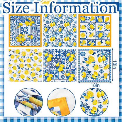 12 Pcs Capri Lemon Cloth Napkins Mediterranean Yellow Blue Floral Cloth Napkin Italian Style Dinner Towel Amalfi Coast Party Decorations for Home Dinner Party Kitchen Wedding Cocktail