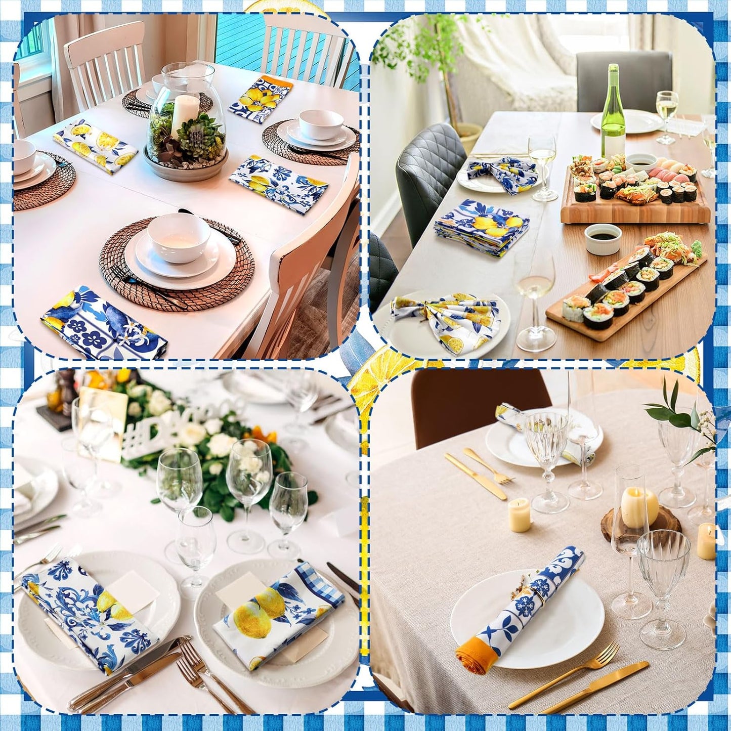 12 Pcs Capri Lemon Cloth Napkins Mediterranean Yellow Blue Floral Cloth Napkin Italian Style Dinner Towel Amalfi Coast Party Decorations for Home Dinner Party Kitchen Wedding Cocktail