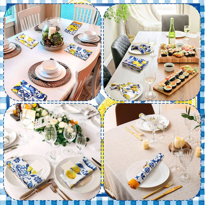 12 Pcs Capri Lemon Cloth Napkins Mediterranean Yellow Blue Floral Cloth Napkin Italian Style Dinner Towel Amalfi Coast Party Decorations for Home Dinner Party Kitchen Wedding Cocktail