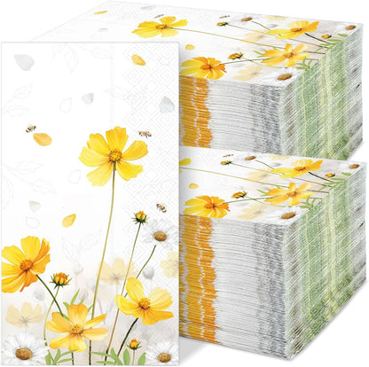 100Pcs Floral Paper Napkins Spring Summer Yellow Flower Guest Towel Galsang Floral Disposable Hand Napkins for Bathroom Decorative Weddings Dinner Party Bridal Baby Shower Decorative Towels