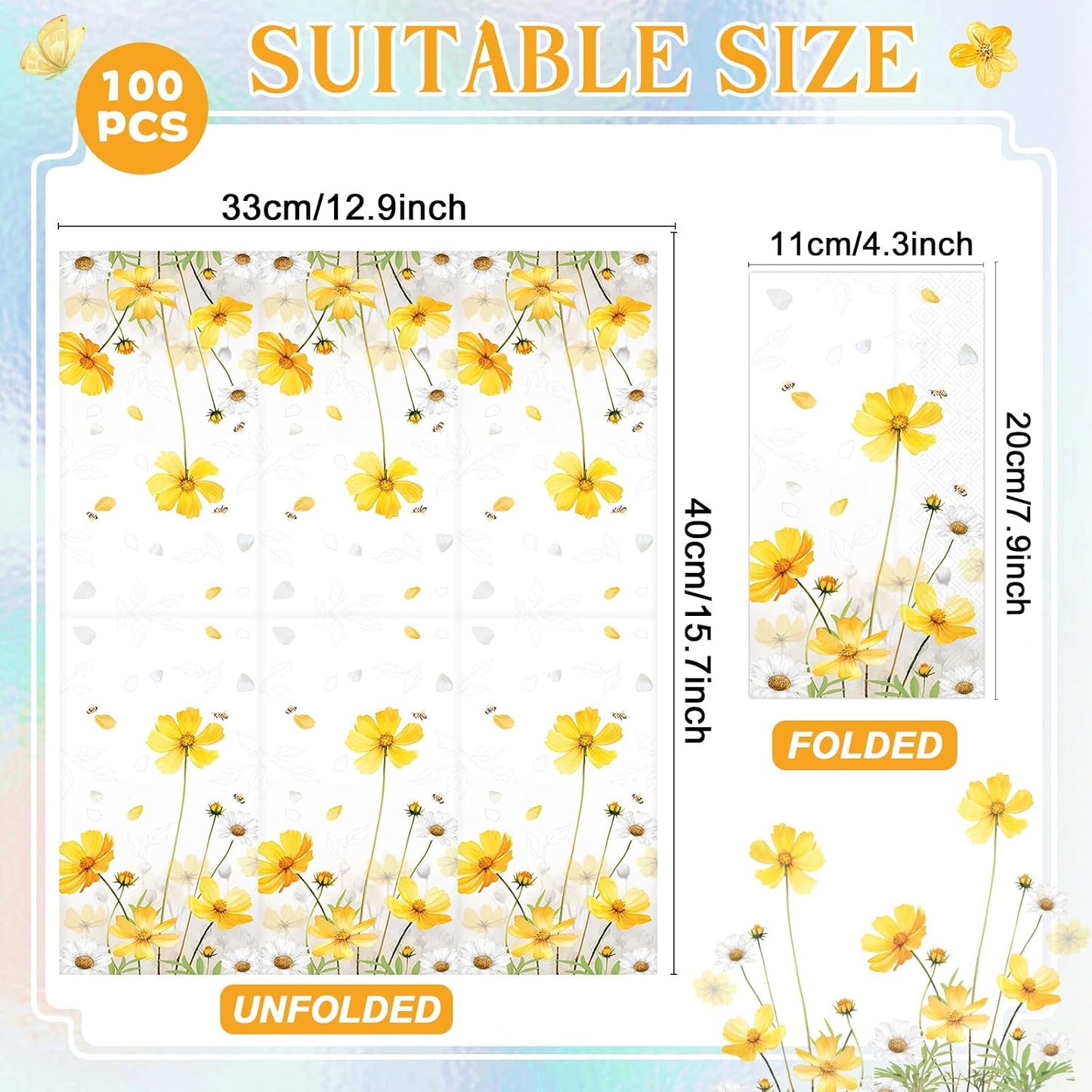 100Pcs Floral Paper Napkins Spring Summer Yellow Flower Guest Towel Galsang Floral Disposable Hand Napkins for Bathroom Decorative Weddings Dinner Party Bridal Baby Shower Decorative Towels