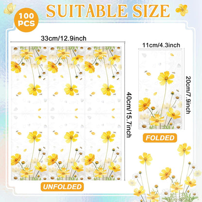 100Pcs Floral Paper Napkins Spring Summer Yellow Flower Guest Towel Galsang Floral Disposable Hand Napkins for Bathroom Decorative Weddings Dinner Party Bridal Baby Shower Decorative Towels