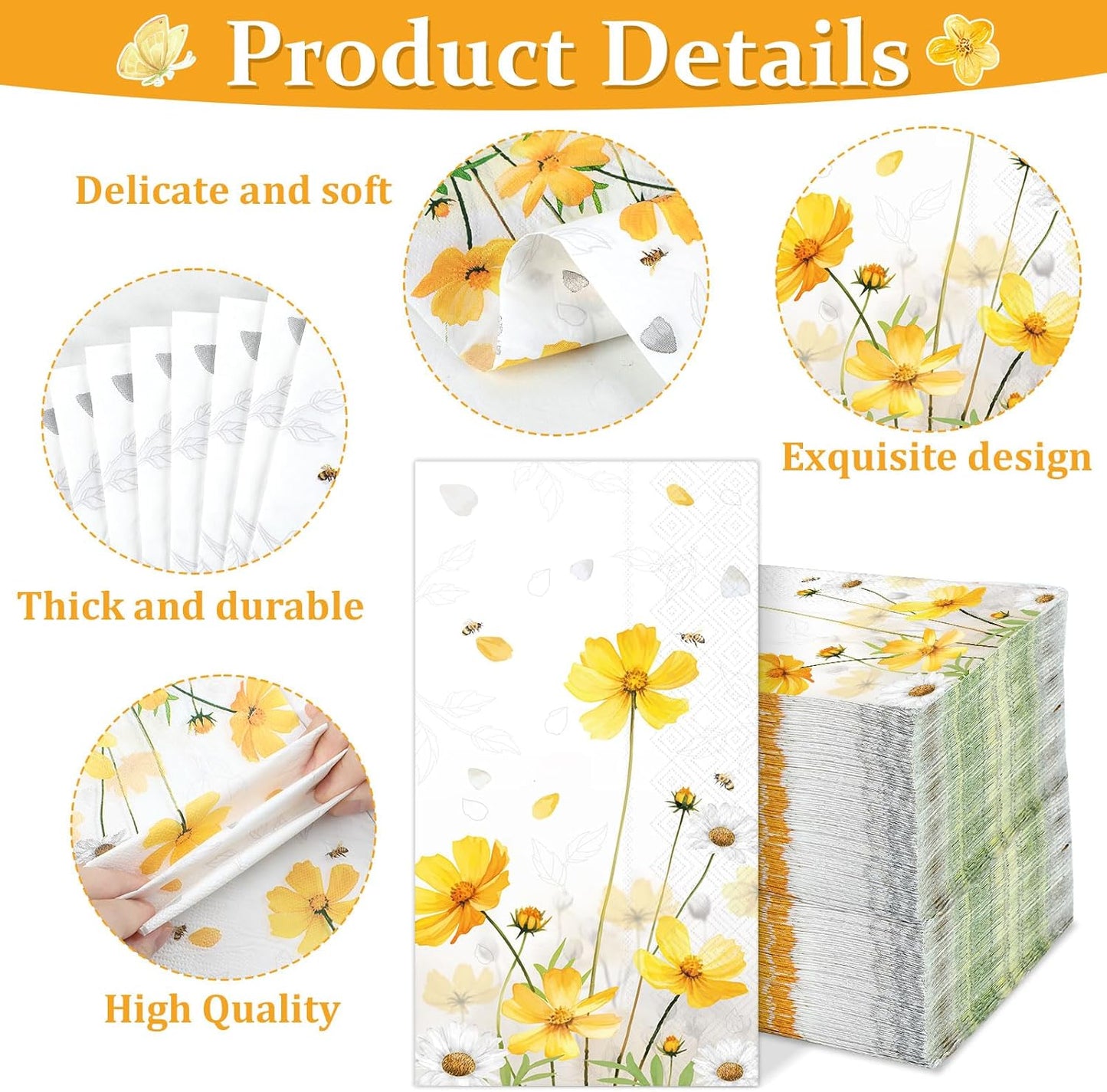100Pcs Floral Paper Napkins Spring Summer Yellow Flower Guest Towel Galsang Floral Disposable Hand Napkins for Bathroom Decorative Weddings Dinner Party Bridal Baby Shower Decorative Towels
