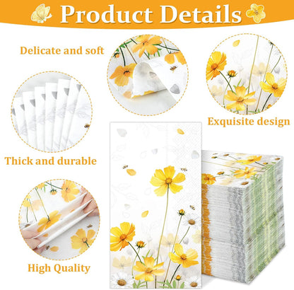 100Pcs Floral Paper Napkins Spring Summer Yellow Flower Guest Towel Galsang Floral Disposable Hand Napkins for Bathroom Decorative Weddings Dinner Party Bridal Baby Shower Decorative Towels