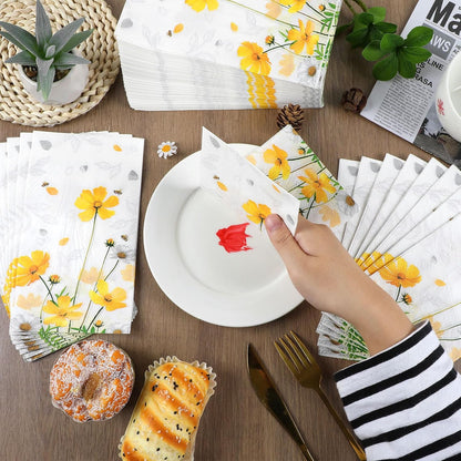 100Pcs Floral Paper Napkins Spring Summer Yellow Flower Guest Towel Galsang Floral Disposable Hand Napkins for Bathroom Decorative Weddings Dinner Party Bridal Baby Shower Decorative Towels