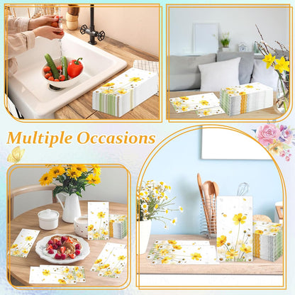 100Pcs Floral Paper Napkins Spring Summer Yellow Flower Guest Towel Galsang Floral Disposable Hand Napkins for Bathroom Decorative Weddings Dinner Party Bridal Baby Shower Decorative Towels