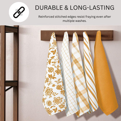 Assorted Kitchen Towels 100% Cotton 16x26 Inch - Super Absorbent, Soft & Quick Drying, Multi-Purpose for Drying & Cleaning, Ideal for Kitchen & Home Use, Set of 5 Low-Lint Dish Towels Yellow
