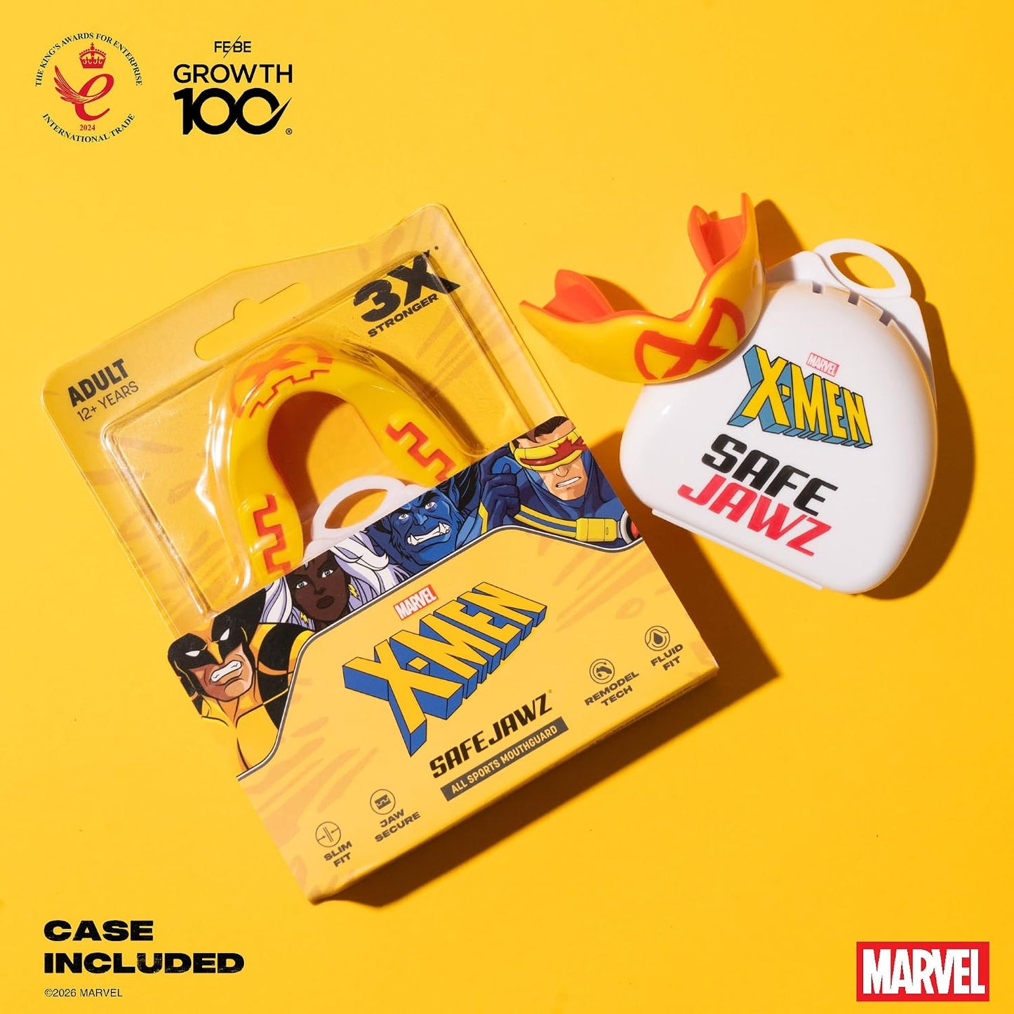 Marvel X-Men Sports Mouth Guard, Youth Dual Layer Mouthguard with Case | Youth <11 Years, Yellow Premium Mouthpiece, Easy Fit Remoldable, Anti Gag, Football, Boxing, Lacrosse, MMA, Contact Sports