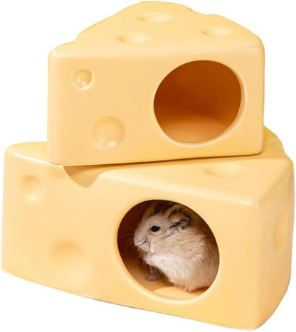 Hamster Hideout Ceramic,Cheese Shape Funny Small Animal Pet Bed for Hamster,MINI Hut Cave Cage Accessories for Dwarf Hmaster,Gerbils,Small Guinea Pig and Hedgehog (Medium,Yellow)