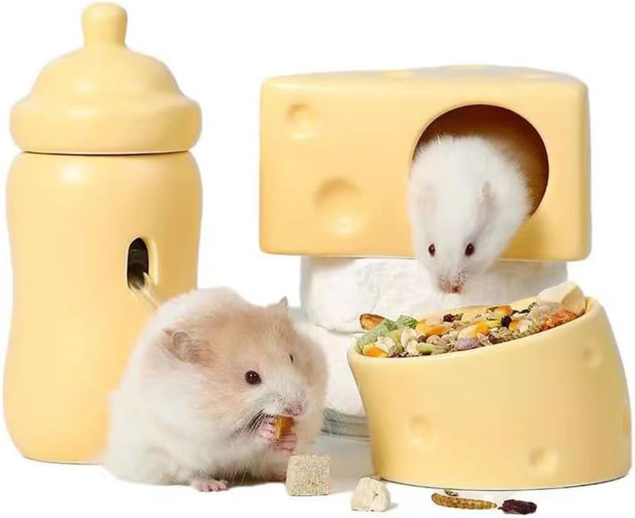 Hamster Hideout Ceramic,Cheese Shape Funny Small Animal Pet Bed for Hamster,MINI Hut Cave Cage Accessories for Dwarf Hmaster,Gerbils,Small Guinea Pig and Hedgehog (Medium,Yellow)
