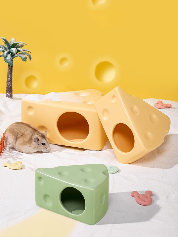 Hamster Hideout Ceramic,Cheese Shape Funny Small Animal Pet Bed for Hamster,MINI Hut Cave Cage Accessories for Dwarf Hmaster,Gerbils,Small Guinea Pig and Hedgehog (Medium,Yellow)