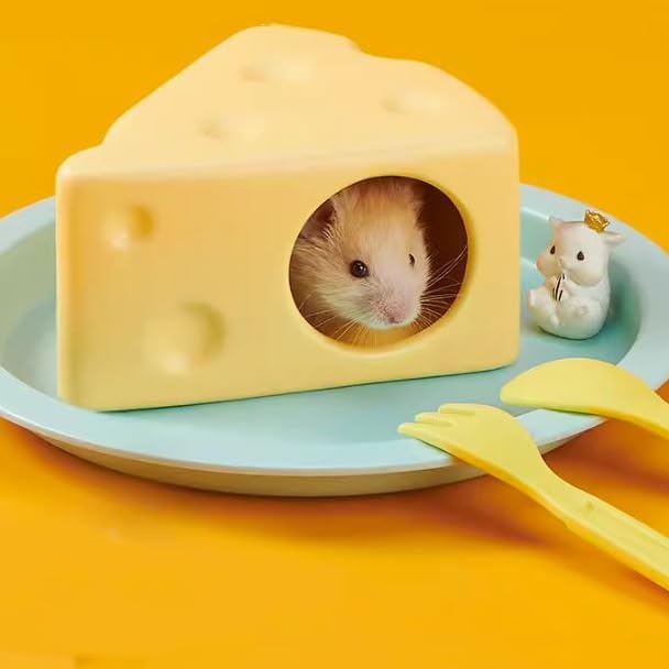 Hamster Hideout Ceramic,Cheese Shape Funny Small Animal Pet Bed for Hamster,MINI Hut Cave Cage Accessories for Dwarf Hmaster,Gerbils,Small Guinea Pig and Hedgehog (Medium,Yellow)