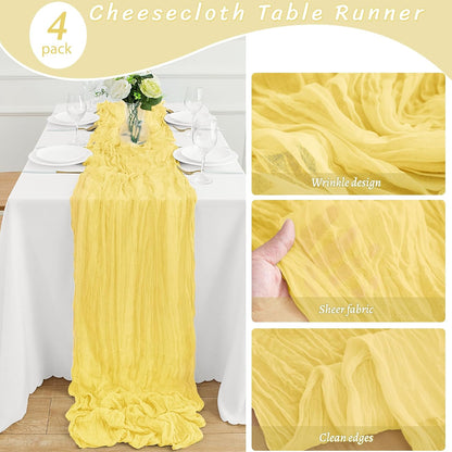 4Pack Light Yellow Cheesecloth Table Runner 10FT Gauze Cheese Cloth Table Runner 35x120Inch Long Boho Spring Easter Table Runners Rustic Sheer Table Runners for Wedding Baby Bridal Shower Decor