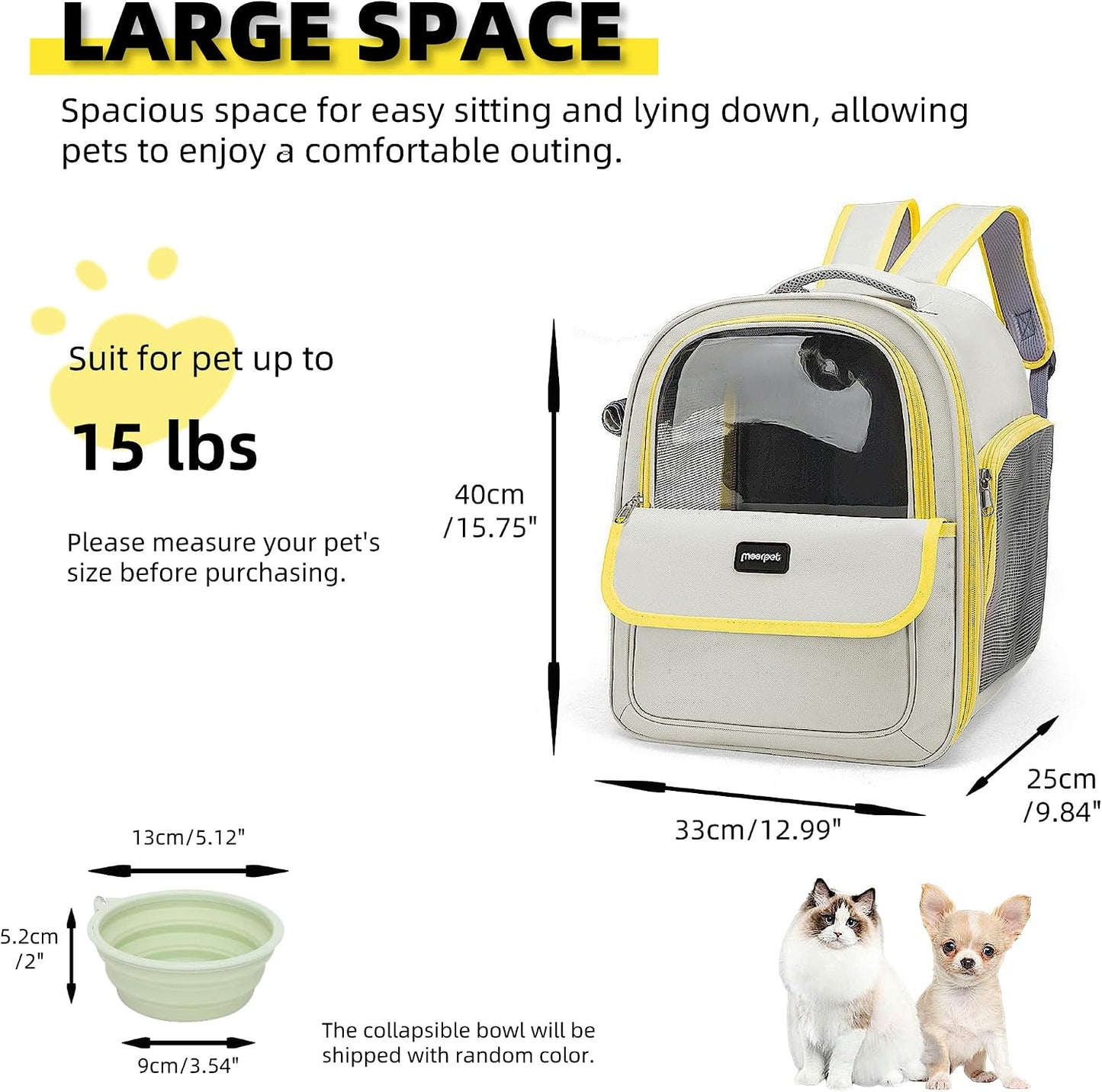 Cat Backpack Carrier for Travel & Hiking - Large Space, Durable & Breathable Pet Carrier for Cats & Small Dogs - Anti-Scratch, Escape-Proof Design (Yellow, Large)