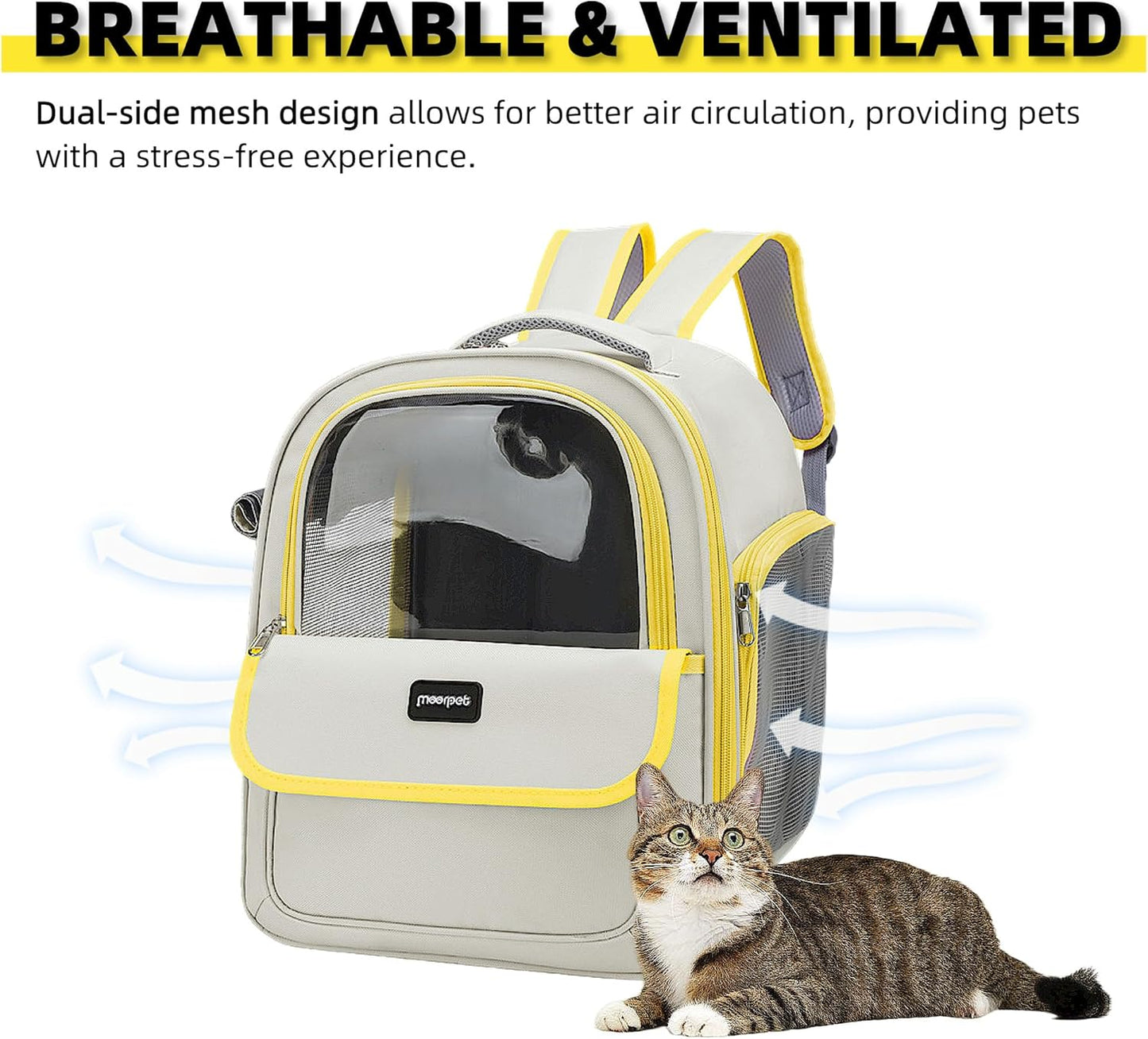 Cat Backpack Carrier for Travel & Hiking - Large Space, Durable & Breathable Pet Carrier for Cats & Small Dogs - Anti-Scratch, Escape-Proof Design (Yellow, Large)