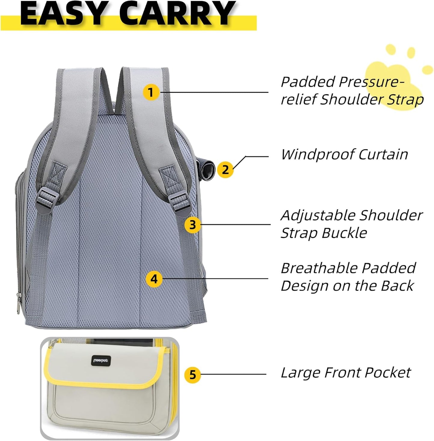 Cat Backpack Carrier for Travel & Hiking - Large Space, Durable & Breathable Pet Carrier for Cats & Small Dogs - Anti-Scratch, Escape-Proof Design (Yellow, Large)