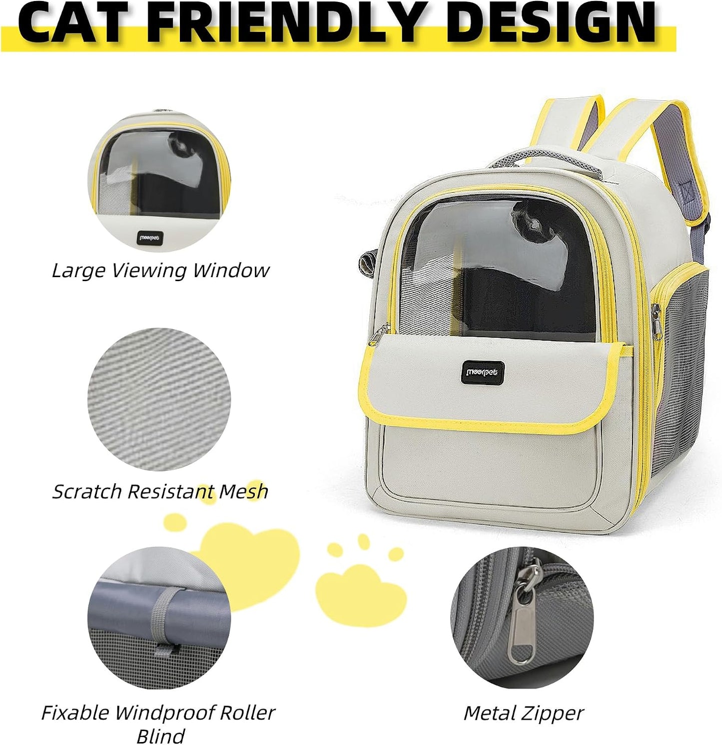Cat Backpack Carrier for Travel & Hiking - Large Space, Durable & Breathable Pet Carrier for Cats & Small Dogs - Anti-Scratch, Escape-Proof Design (Yellow, Large)