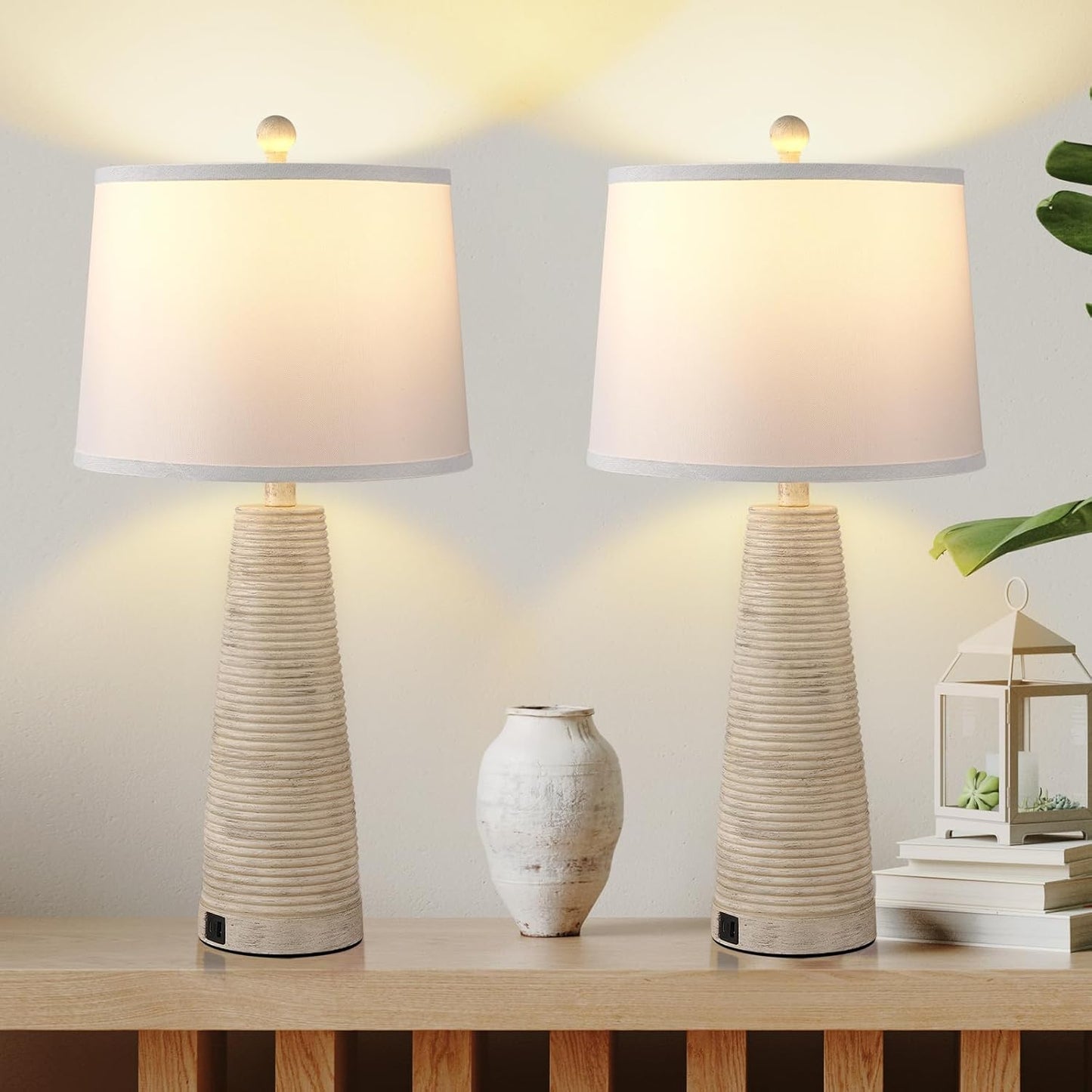 Nightstand Lamp Bedside Lamps Set of 2 Vintage Rustic Farmhouse Table Lamp 3 Way Dimmable Horizontal Stripe Light,for Living Room Bedroom,USB A+C (Pale Yellow, Hing 27 in)