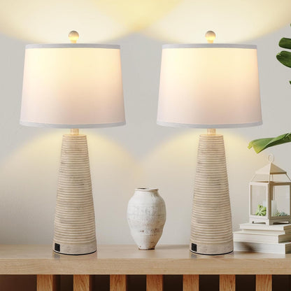 Nightstand Lamp Bedside Lamps Set of 2 Vintage Rustic Farmhouse Table Lamp 3 Way Dimmable Horizontal Stripe Light,for Living Room Bedroom,USB A+C (Pale Yellow, Hing 27 in)