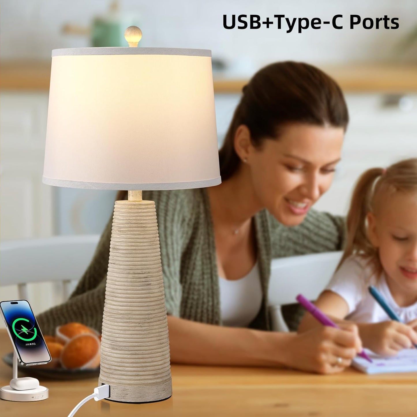 Nightstand Lamp Bedside Lamps Set of 2 Vintage Rustic Farmhouse Table Lamp 3 Way Dimmable Horizontal Stripe Light,for Living Room Bedroom,USB A+C (Pale Yellow, Hing 27 in)