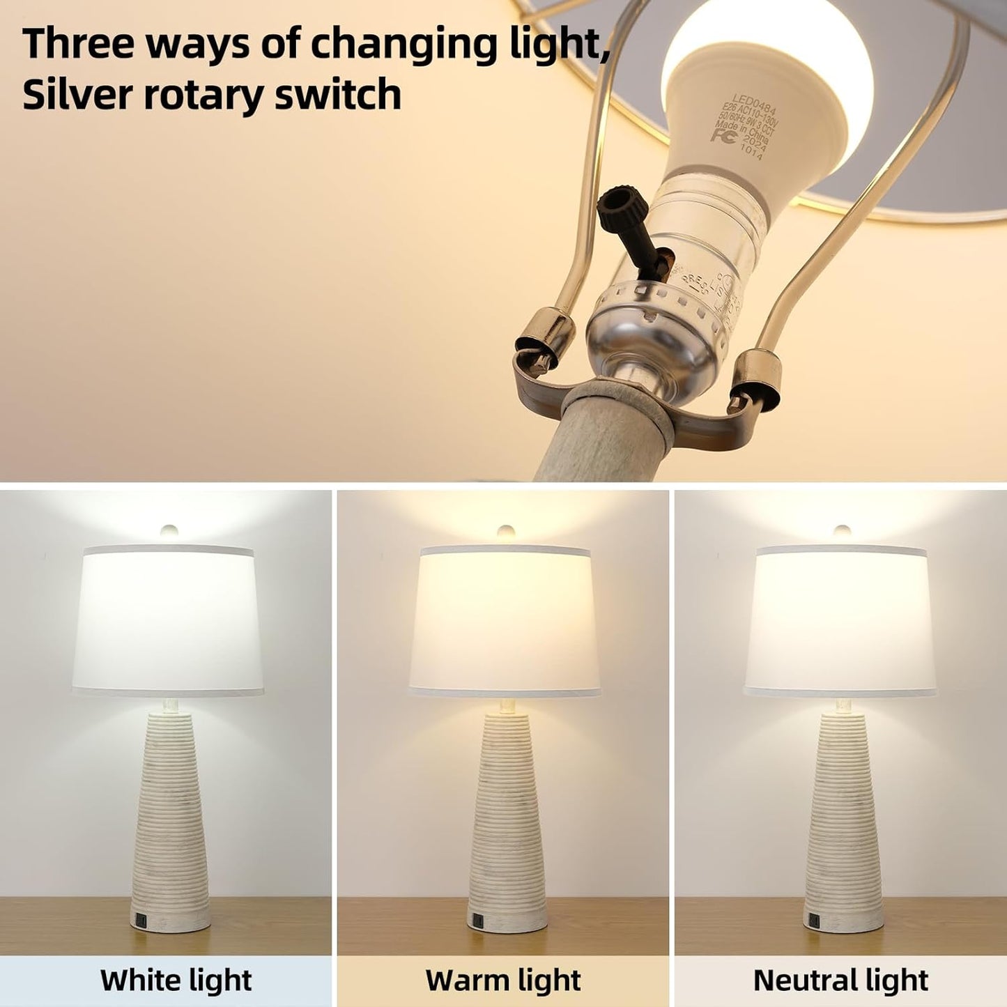 Nightstand Lamp Bedside Lamps Set of 2 Vintage Rustic Farmhouse Table Lamp 3 Way Dimmable Horizontal Stripe Light,for Living Room Bedroom,USB A+C (Pale Yellow, Hing 27 in)