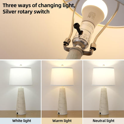 Nightstand Lamp Bedside Lamps Set of 2 Vintage Rustic Farmhouse Table Lamp 3 Way Dimmable Horizontal Stripe Light,for Living Room Bedroom,USB A+C (Pale Yellow, Hing 27 in)