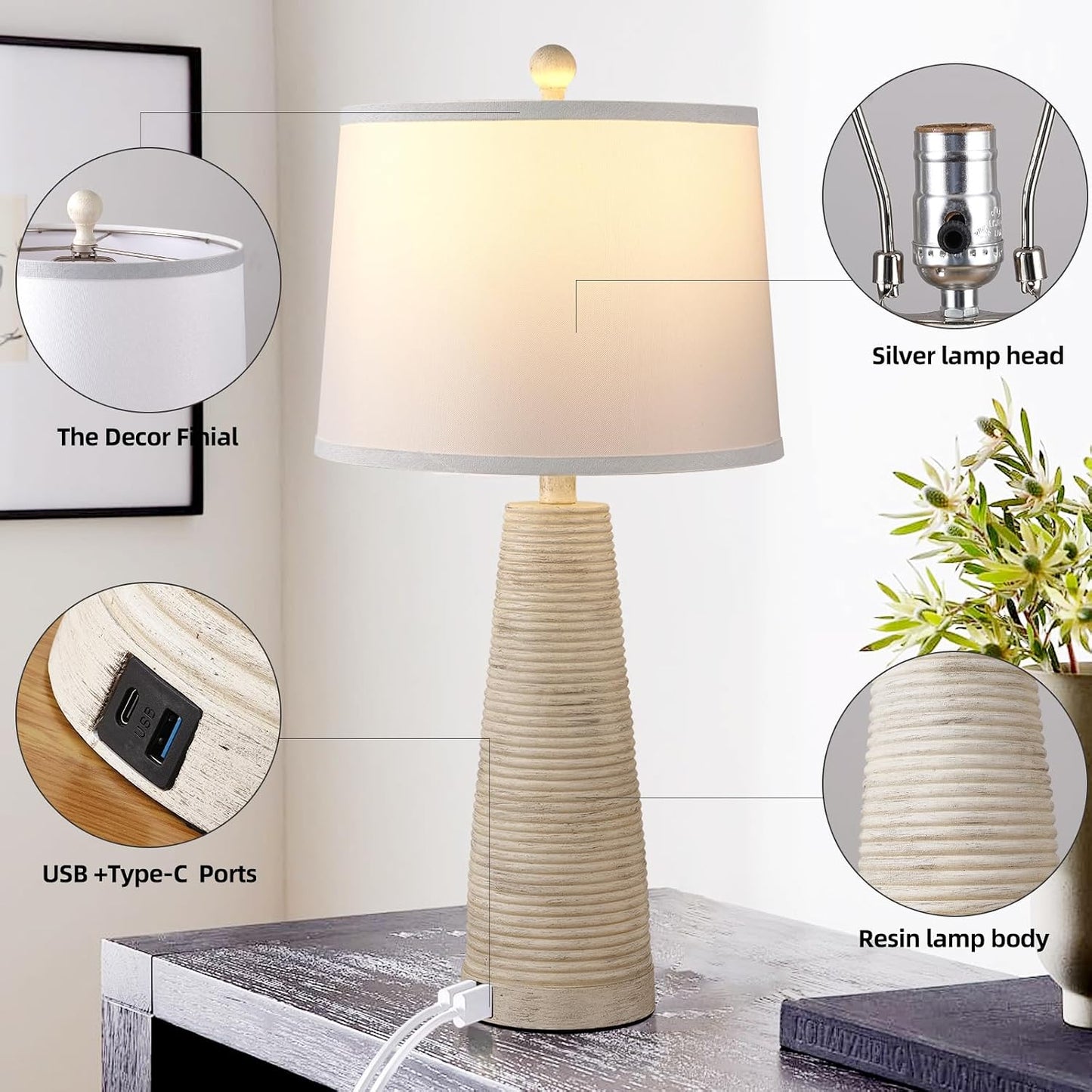 Nightstand Lamp Bedside Lamps Set of 2 Vintage Rustic Farmhouse Table Lamp 3 Way Dimmable Horizontal Stripe Light,for Living Room Bedroom,USB A+C (Pale Yellow, Hing 27 in)