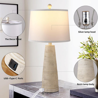 Nightstand Lamp Bedside Lamps Set of 2 Vintage Rustic Farmhouse Table Lamp 3 Way Dimmable Horizontal Stripe Light,for Living Room Bedroom,USB A+C (Pale Yellow, Hing 27 in)