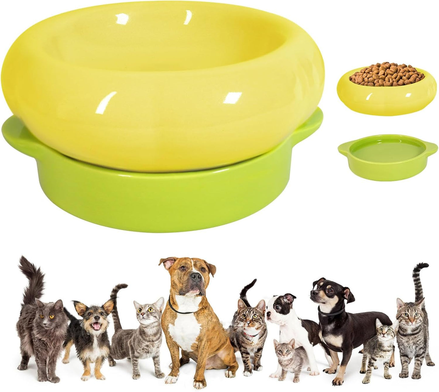 Ceramic Cat Food Bowl Set of 2,Flower Anti Whisker Fatigue Cat Bowls/Dishes,for Wet Dry Food and Water,Cute Kitten Feeding Shallow Bowls,for Indoor Outdoor, Dishwasher Safe, Non-Slip(Yellow)