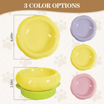 Ceramic Cat Food Bowl Set of 2,Flower Anti Whisker Fatigue Cat Bowls/Dishes,for Wet Dry Food and Water,Cute Kitten Feeding Shallow Bowls,for Indoor Outdoor, Dishwasher Safe, Non-Slip(Yellow)