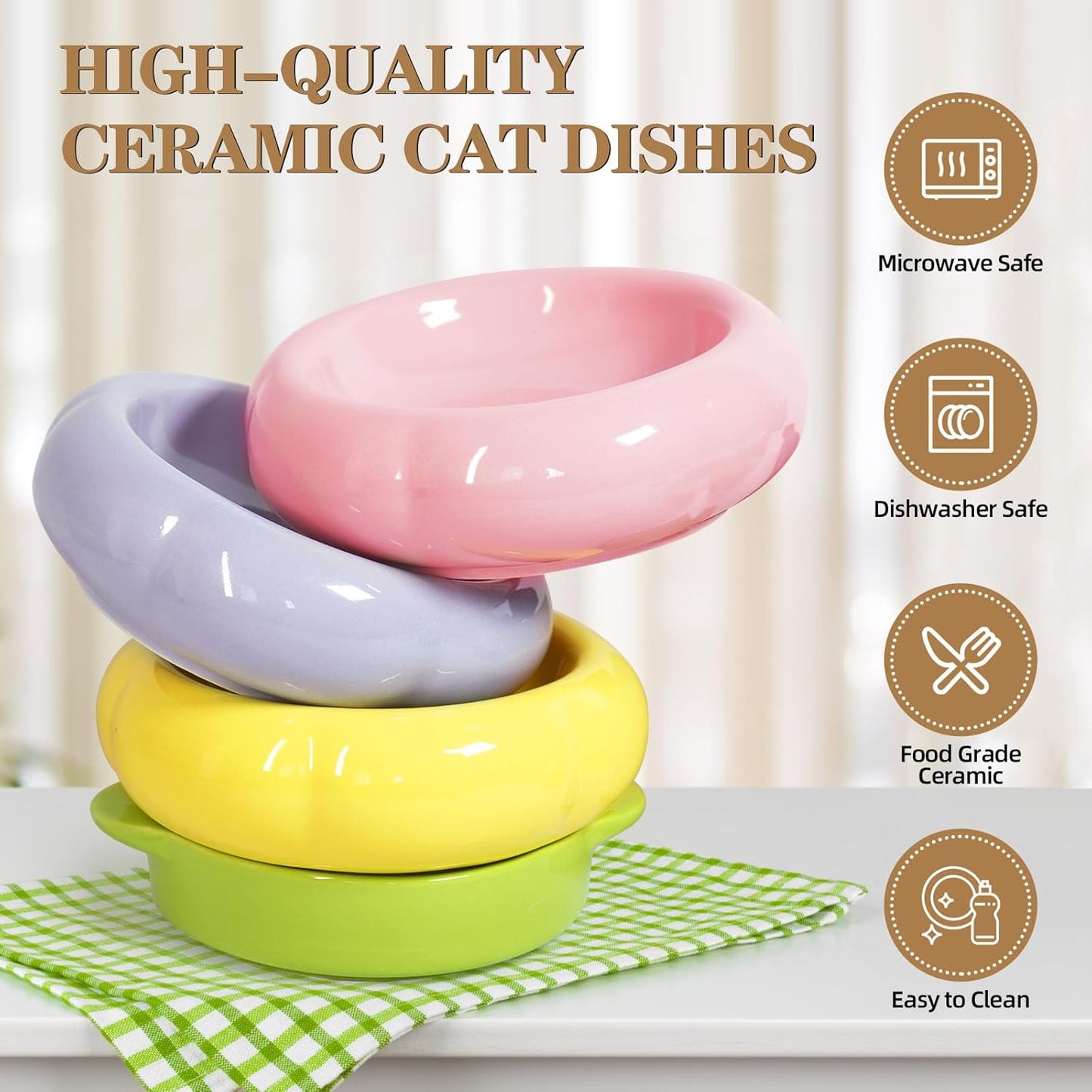 Ceramic Cat Food Bowl Set of 2,Flower Anti Whisker Fatigue Cat Bowls/Dishes,for Wet Dry Food and Water,Cute Kitten Feeding Shallow Bowls,for Indoor Outdoor, Dishwasher Safe, Non-Slip(Yellow)