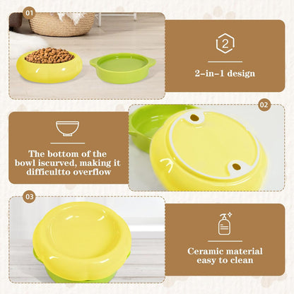 Ceramic Cat Food Bowl Set of 2,Flower Anti Whisker Fatigue Cat Bowls/Dishes,for Wet Dry Food and Water,Cute Kitten Feeding Shallow Bowls,for Indoor Outdoor, Dishwasher Safe, Non-Slip(Yellow)