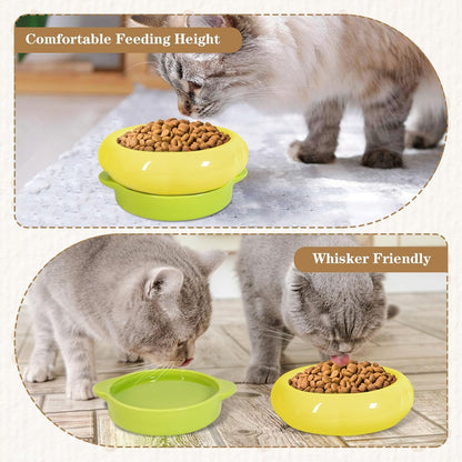 Ceramic Cat Food Bowl Set of 2,Flower Anti Whisker Fatigue Cat Bowls/Dishes,for Wet Dry Food and Water,Cute Kitten Feeding Shallow Bowls,for Indoor Outdoor, Dishwasher Safe, Non-Slip(Yellow)