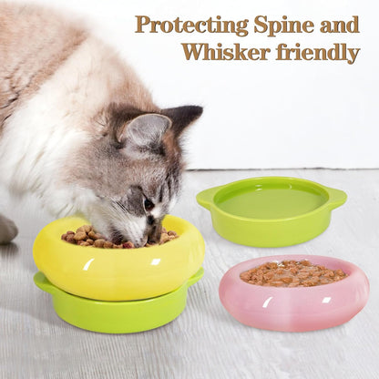 Ceramic Cat Food Bowl Set of 2,Flower Anti Whisker Fatigue Cat Bowls/Dishes,for Wet Dry Food and Water,Cute Kitten Feeding Shallow Bowls,for Indoor Outdoor, Dishwasher Safe, Non-Slip(Yellow)
