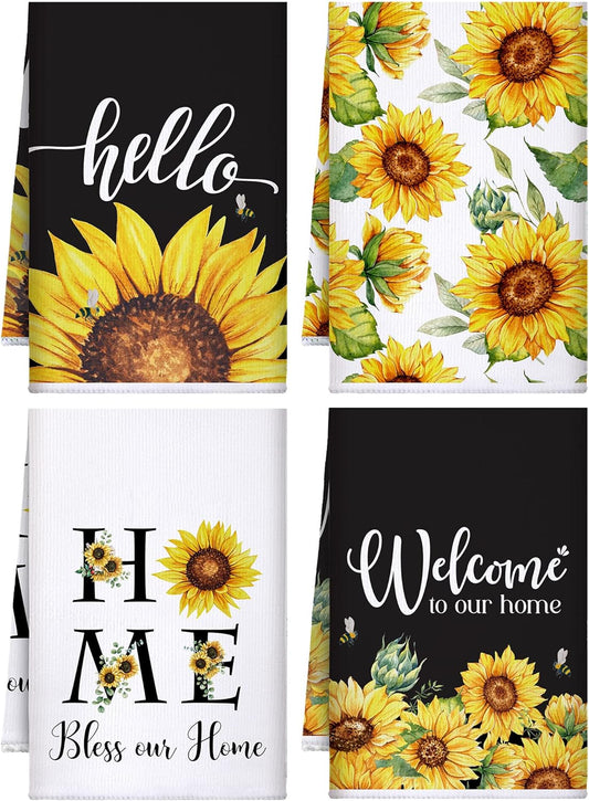 4 Pcs Sunflower Kitchen Towels Spring Summer Gifts Sunflower Floral Hand Dish Towels Absorbent Sunshine Yellow Grid Fast Drying Decor Housewarming Gift for Cooking Bathroom Kitchen Decor - Colors A