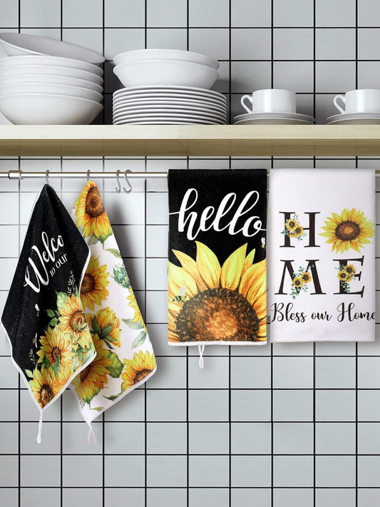 4 Pcs Sunflower Kitchen Towels Spring Summer Gifts Sunflower Floral Hand Dish Towels Absorbent Sunshine Yellow Grid Fast Drying Decor Housewarming Gift for Cooking Bathroom Kitchen Decor - Colors A