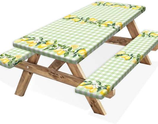 Lemon Picnic Table Cover with Bench Covers,Country Botanical Fruit Green White Check Party Decor,Elastic Fitted Tablecloths for 6 Ft Rectangle Tables and Seats,with Drawstring Bag(30x72 Inches)