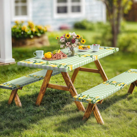 Lemon Picnic Table Cover with Bench Covers,Country Botanical Fruit Green White Check Party Decor,Elastic Fitted Tablecloths for 6 Ft Rectangle Tables and Seats,with Drawstring Bag(30x72 Inches)