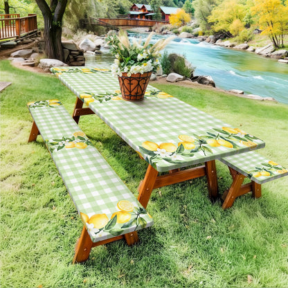 Lemon Picnic Table Cover with Bench Covers,Country Botanical Fruit Green White Check Party Decor,Elastic Fitted Tablecloths for 6 Ft Rectangle Tables and Seats,with Drawstring Bag(30x72 Inches)
