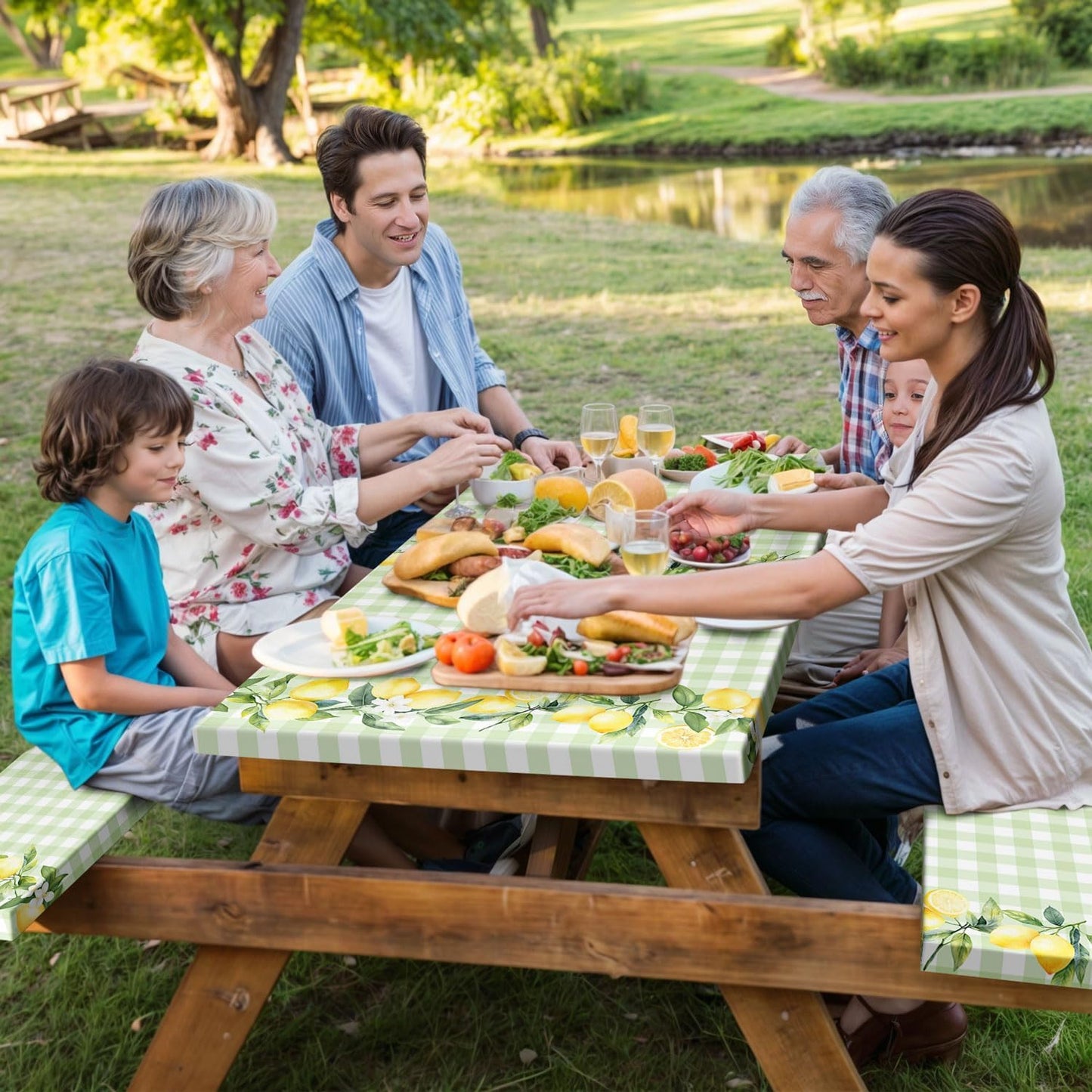 Lemon Picnic Table Cover with Bench Covers,Country Botanical Fruit Green White Check Party Decor,Elastic Fitted Tablecloths for 6 Ft Rectangle Tables and Seats,with Drawstring Bag(30x72 Inches)