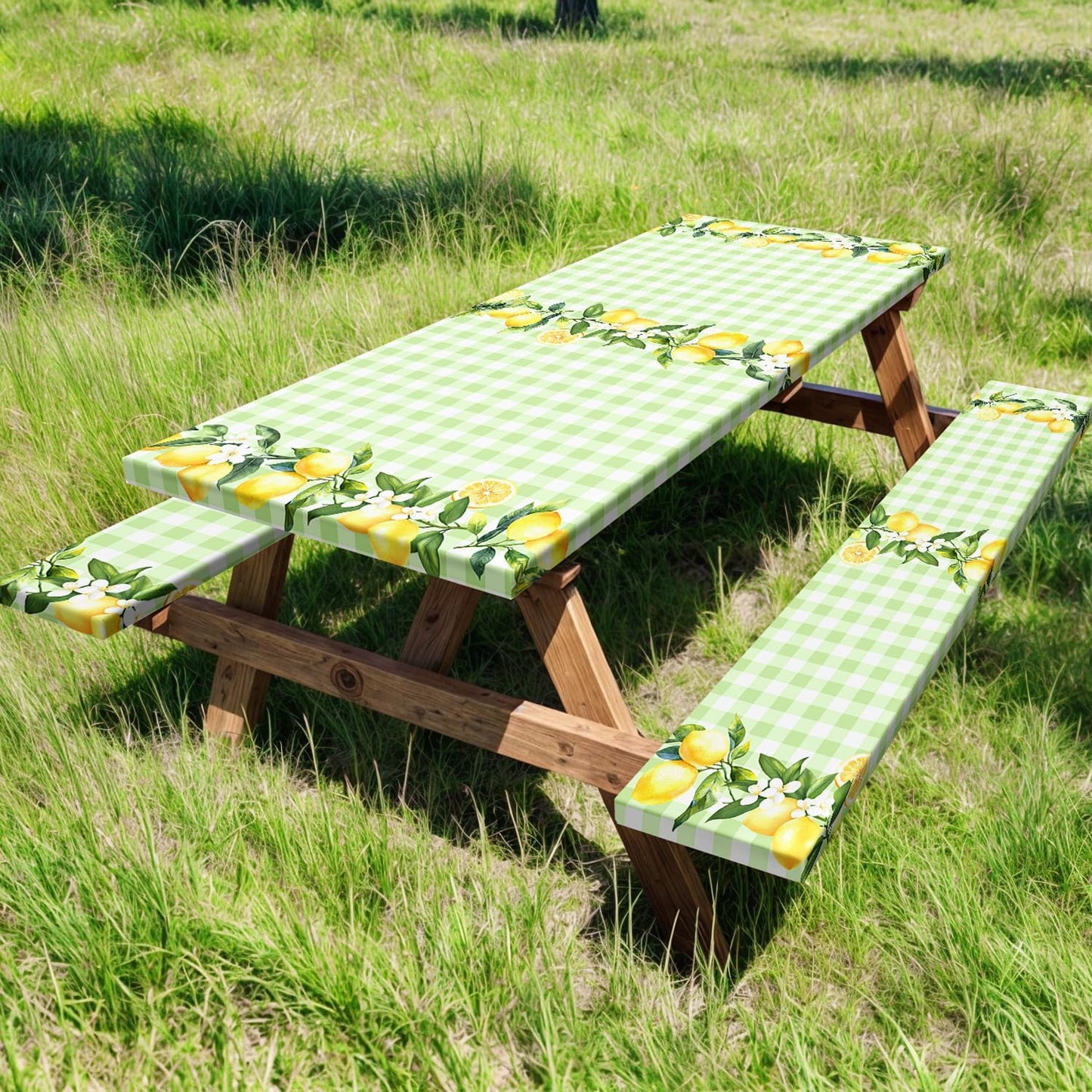 Lemon Picnic Table Cover with Bench Covers,Country Botanical Fruit Green White Check Party Decor,Elastic Fitted Tablecloths for 6 Ft Rectangle Tables and Seats,with Drawstring Bag(30x72 Inches)