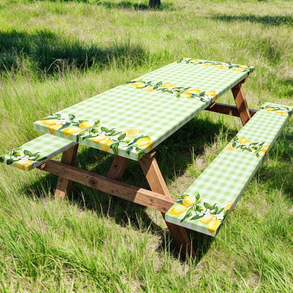 Lemon Picnic Table Cover with Bench Covers,Country Botanical Fruit Green White Check Party Decor,Elastic Fitted Tablecloths for 6 Ft Rectangle Tables and Seats,with Drawstring Bag(30x72 Inches)