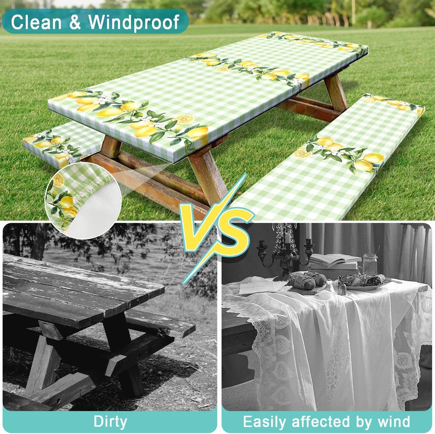 Lemon Picnic Table Cover with Bench Covers,Country Botanical Fruit Green White Check Party Decor,Elastic Fitted Tablecloths for 6 Ft Rectangle Tables and Seats,with Drawstring Bag(30x72 Inches)
