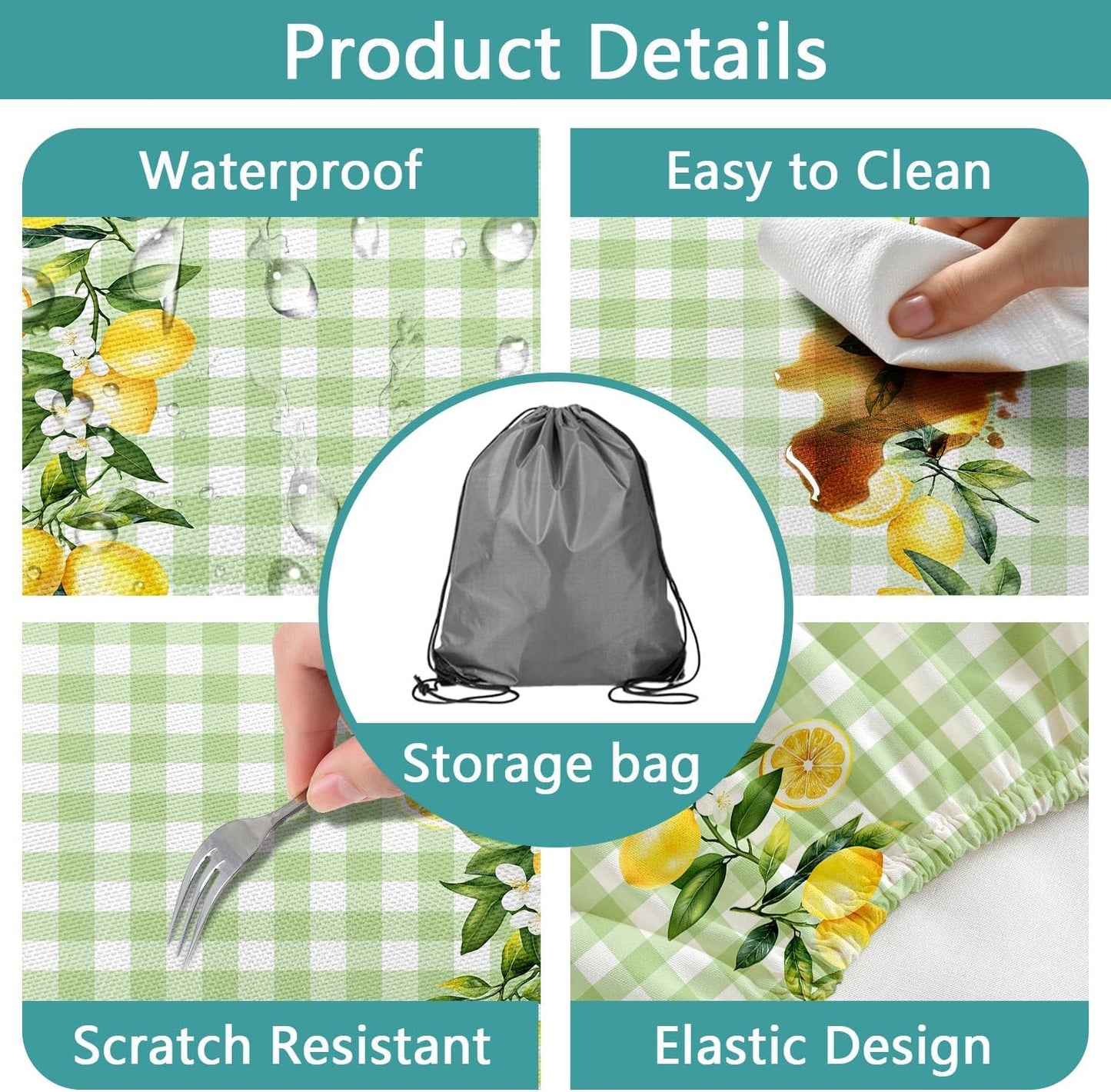 Lemon Picnic Table Cover with Bench Covers,Country Botanical Fruit Green White Check Party Decor,Elastic Fitted Tablecloths for 6 Ft Rectangle Tables and Seats,with Drawstring Bag(30x72 Inches)
