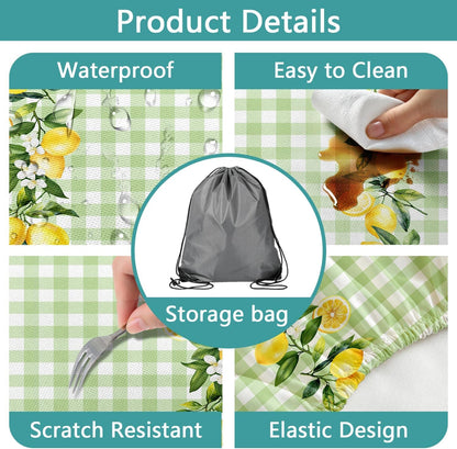 Lemon Picnic Table Cover with Bench Covers,Country Botanical Fruit Green White Check Party Decor,Elastic Fitted Tablecloths for 6 Ft Rectangle Tables and Seats,with Drawstring Bag(30x72 Inches)