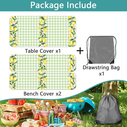 Lemon Picnic Table Cover with Bench Covers,Country Botanical Fruit Green White Check Party Decor,Elastic Fitted Tablecloths for 6 Ft Rectangle Tables and Seats,with Drawstring Bag(30x72 Inches)