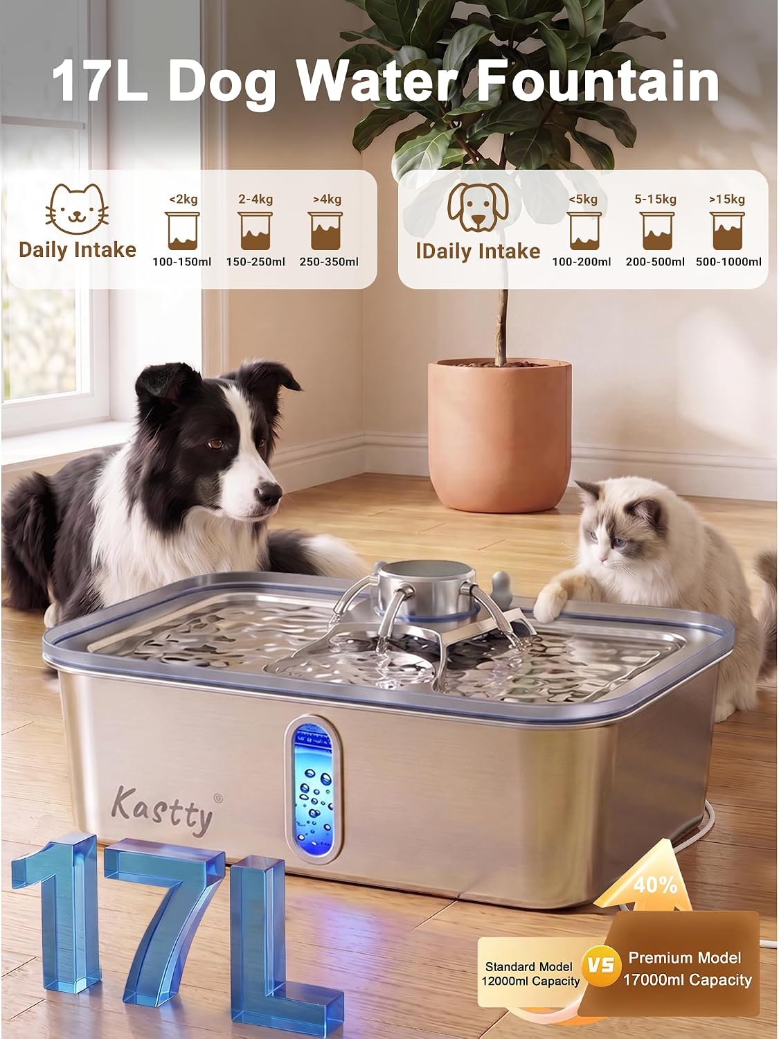 17L/4.5Gal Stainless Steel Dog Water Fountain for Large Dogs | Large Capacity Pet Water Fountain,Quiet Automatic Dog Water Bowl Dispenser with LED Light, Easy to Clean for Multi-Pet FS84