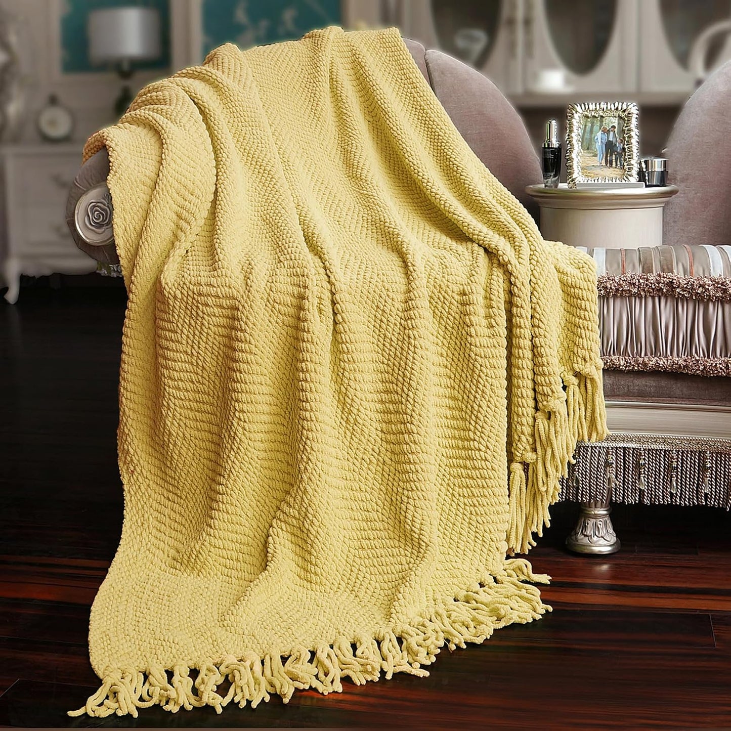 Yellow Throw Blanket Knitted Tweed Throw 60'' x 80'', Jojoba Yellow, Super Soft Cozy Warm Comfortable Breathable Throw for Living Room Chair Couch Bed Sofa Bedroom Home Décor