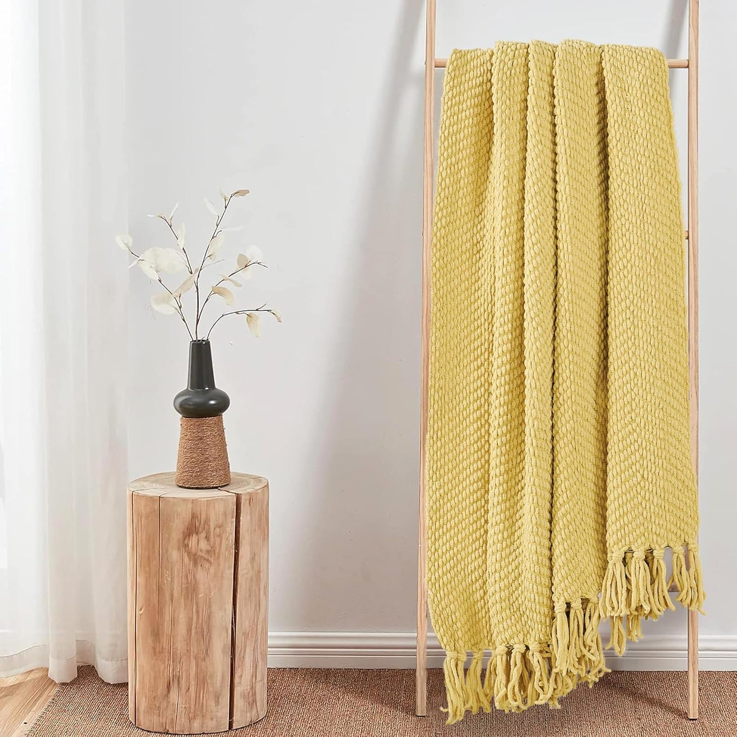 Yellow Throw Blanket Knitted Tweed Throw 60'' x 80'', Jojoba Yellow, Super Soft Cozy Warm Comfortable Breathable Throw for Living Room Chair Couch Bed Sofa Bedroom Home Décor